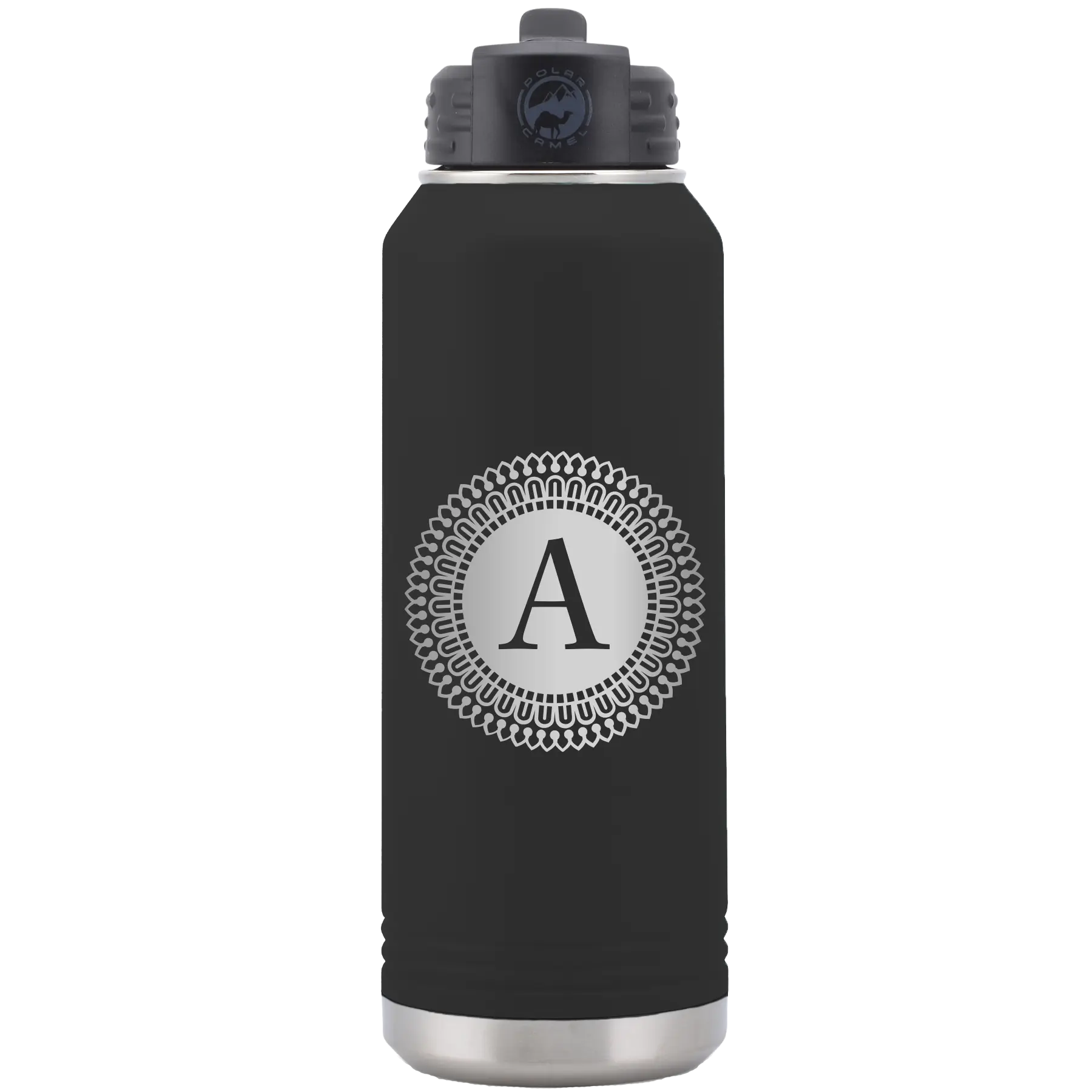 Personalized black 32 oz vacuum insulated water bottle with 'Circle with initial' design