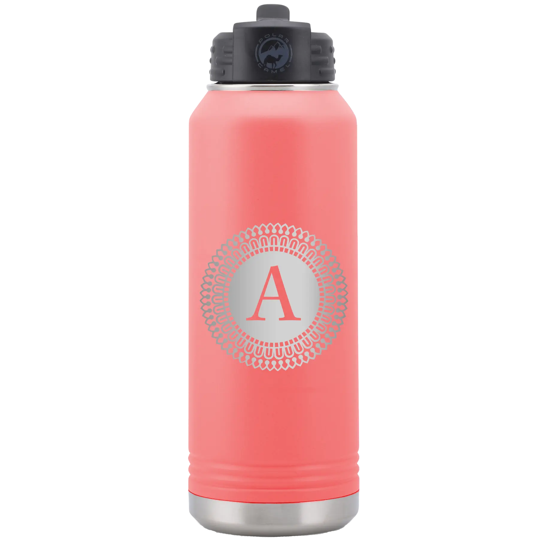 Personalized coral 32 oz vacuum insulated water bottle with 'Circle with initial' design