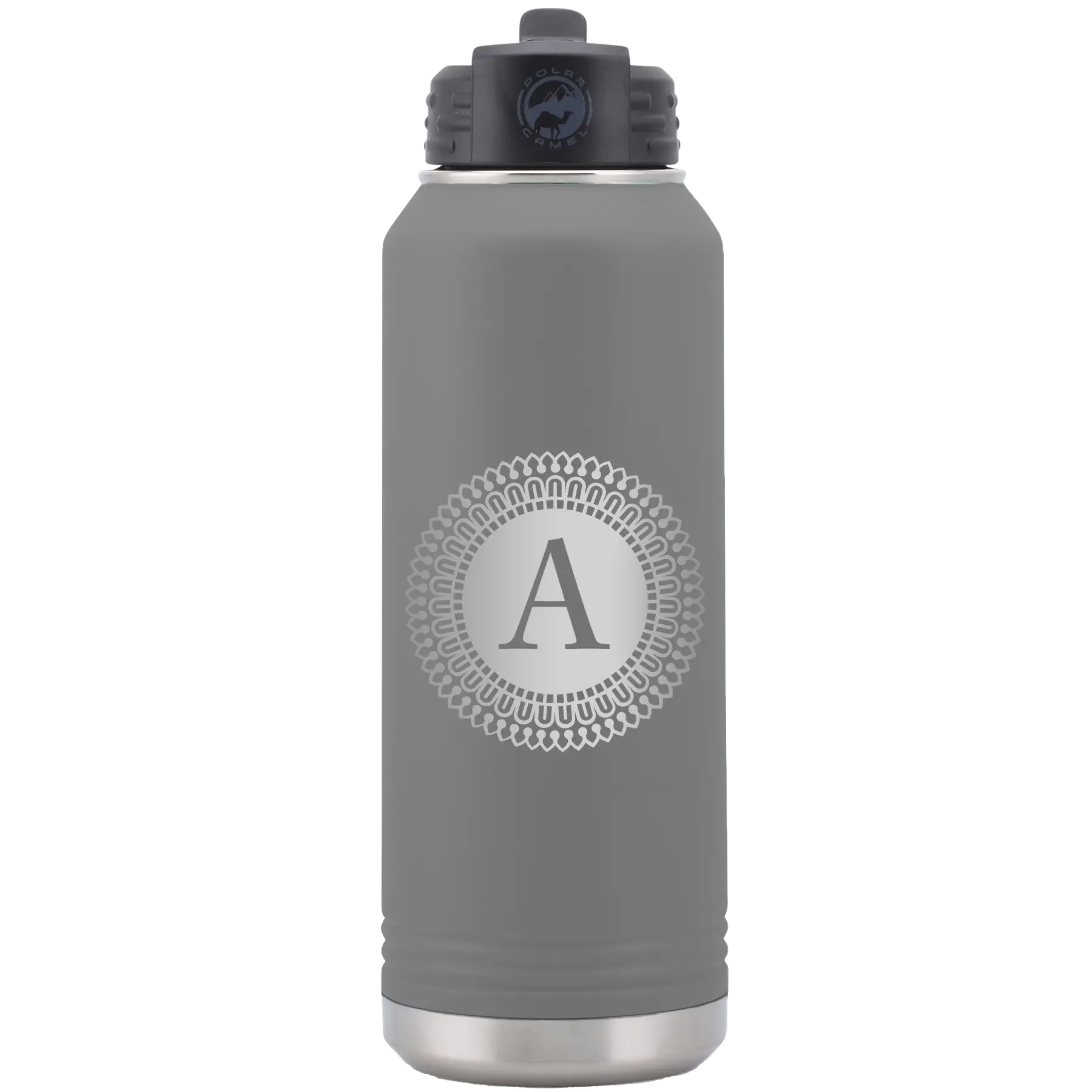 Personalized dark gray 32 oz vacuum insulated water bottle with 'Circle with initial' design