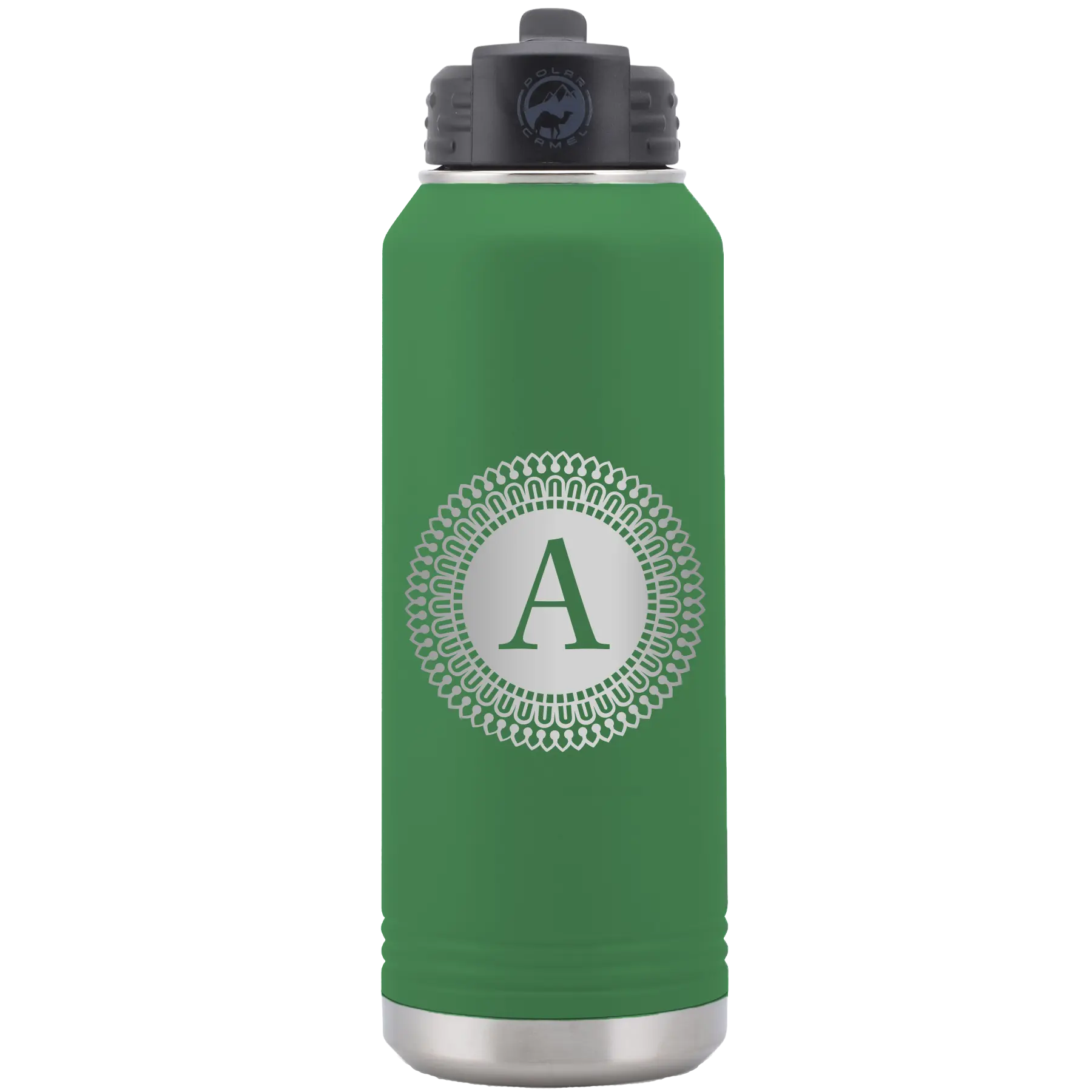 Personalized green 32 oz vacuum insulated water bottle with 'Circle with initial' design