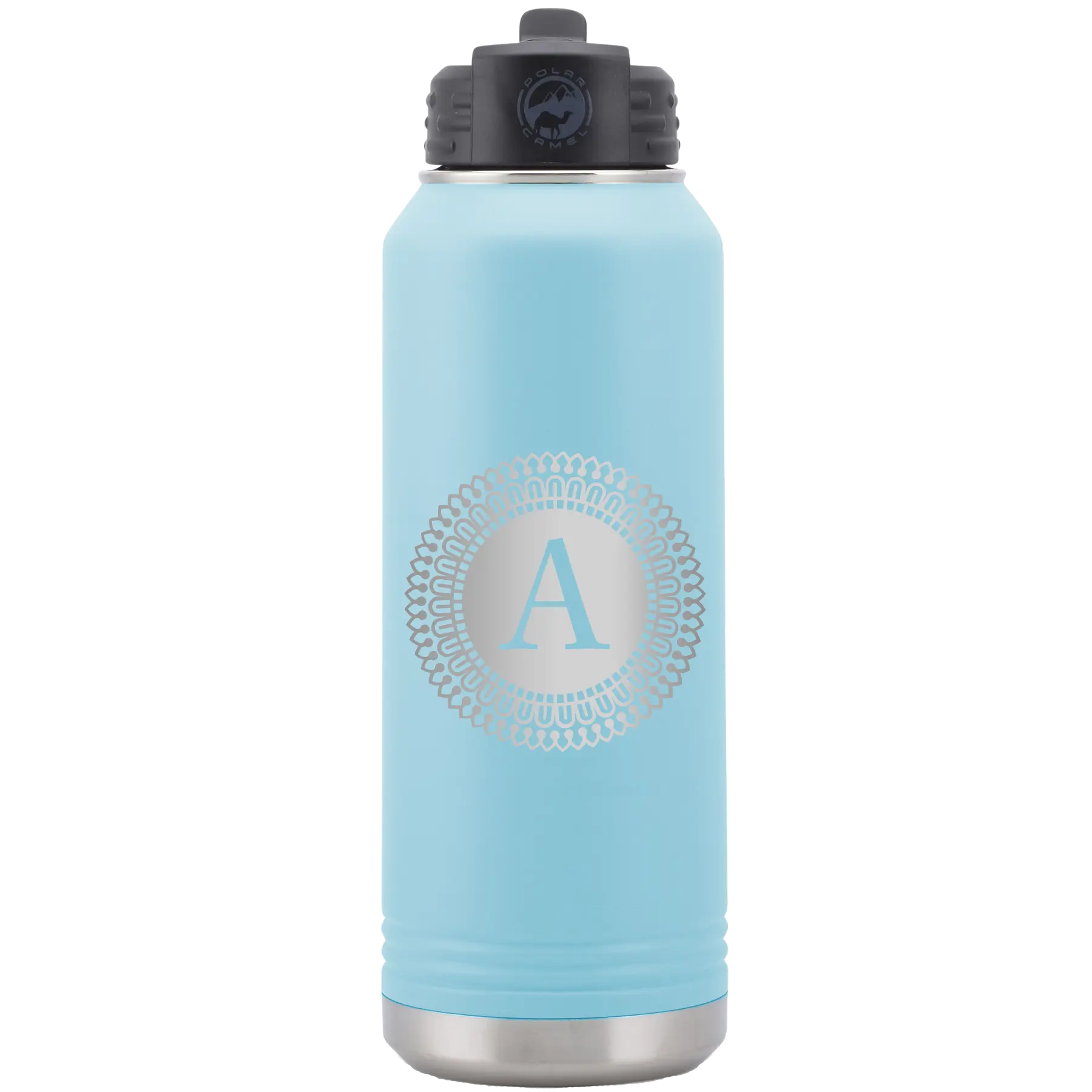 Personalized light blue 32 oz vacuum insulated water bottle with 'Circle with initial' design