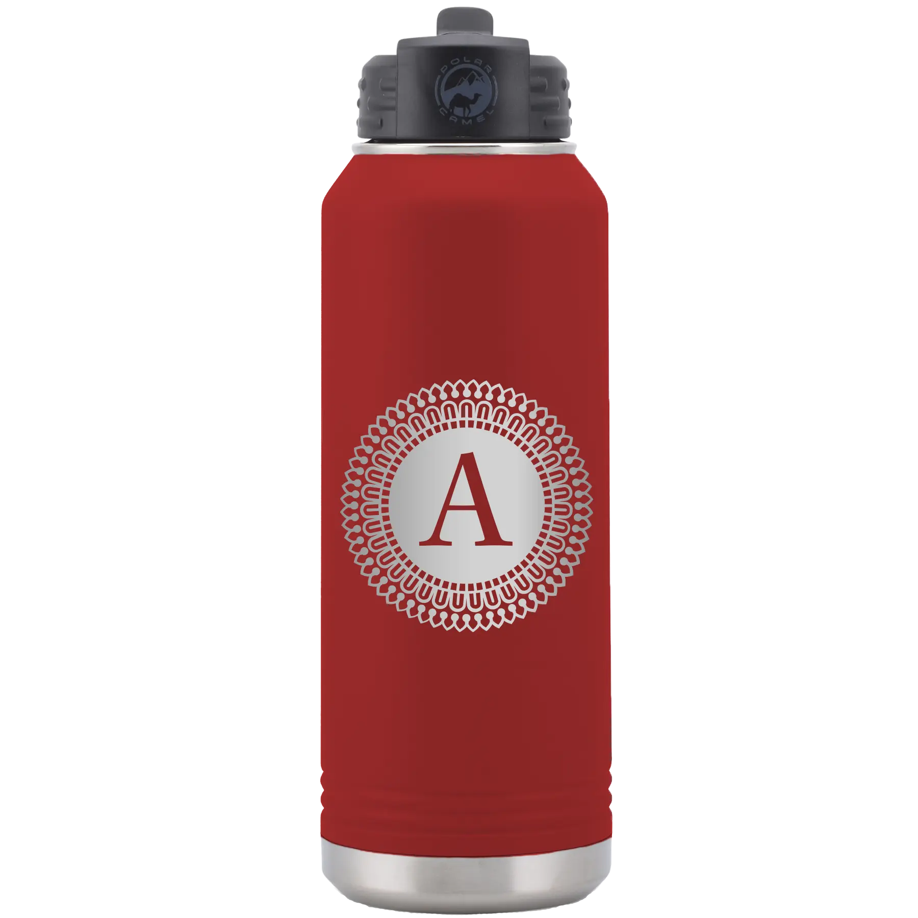 Personalized maroon 32 oz vacuum insulated water bottle with 'Circle with initial' design