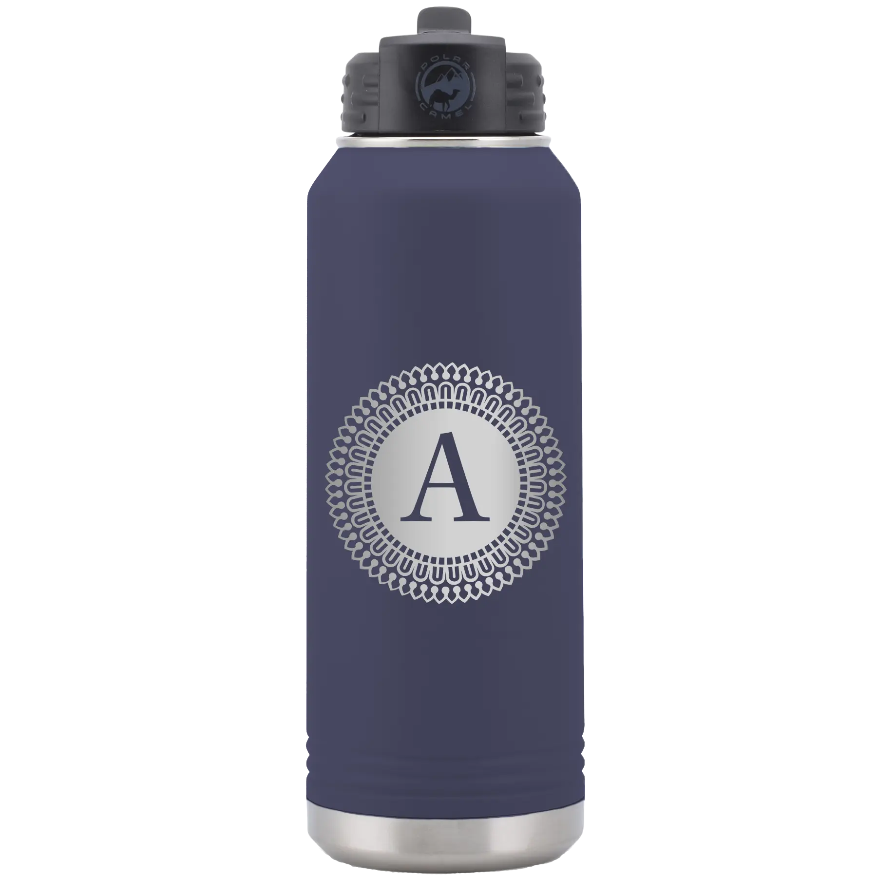 Personalized navy 32 oz vacuum insulated water bottle with 'Circle with initial' design
