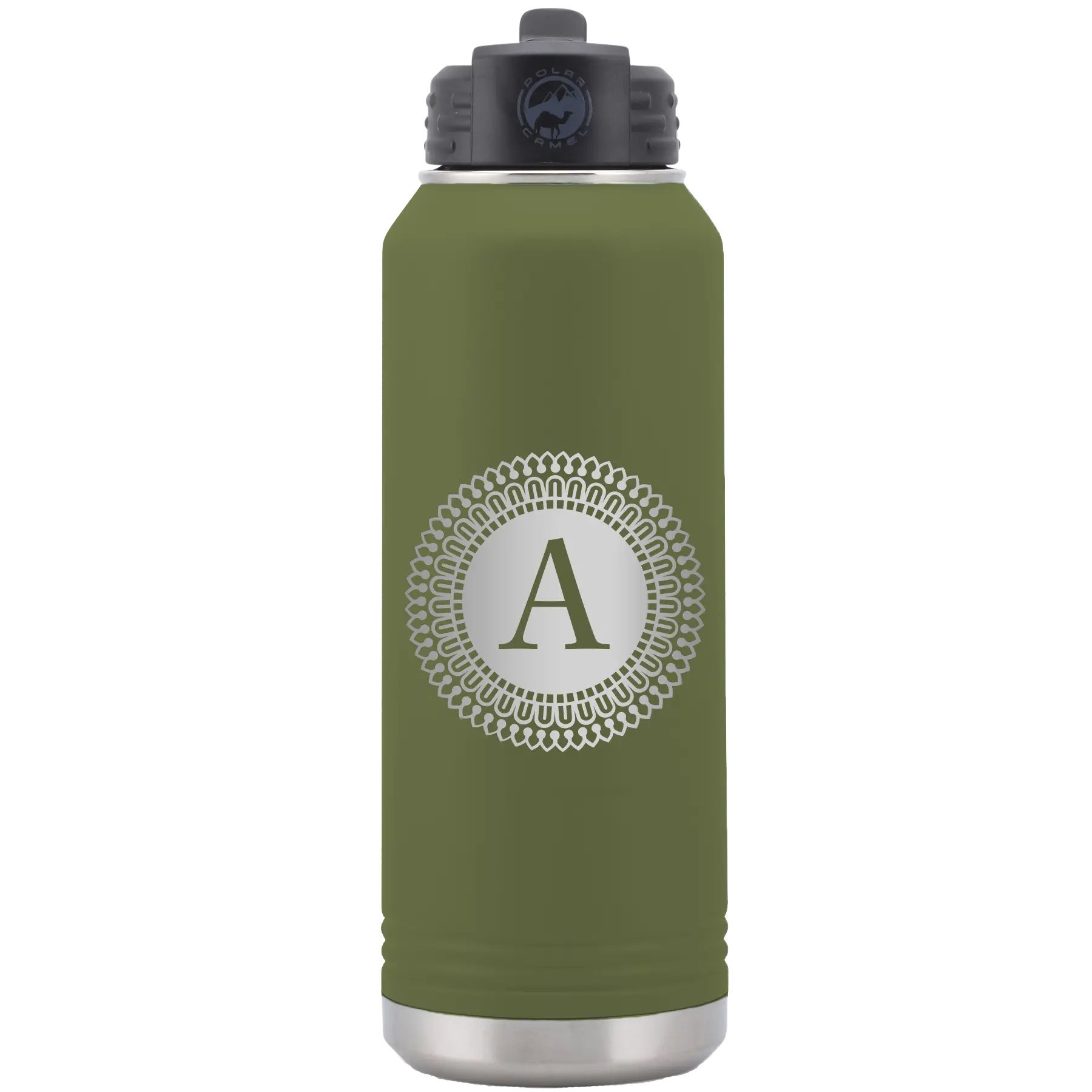 Personalized olive green 32 oz vacuum insulated water bottle with 'Circle with initial' design