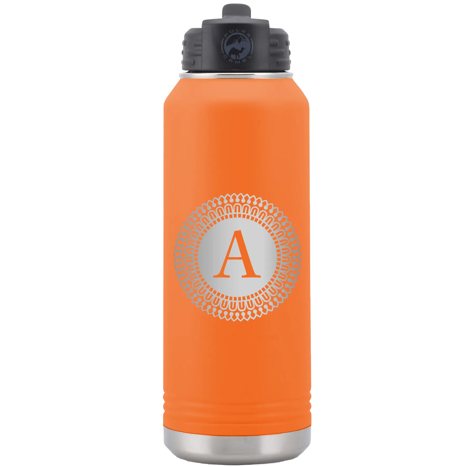 Personalized orange 32 oz vacuum insulated water bottle with 'Circle with initial' design