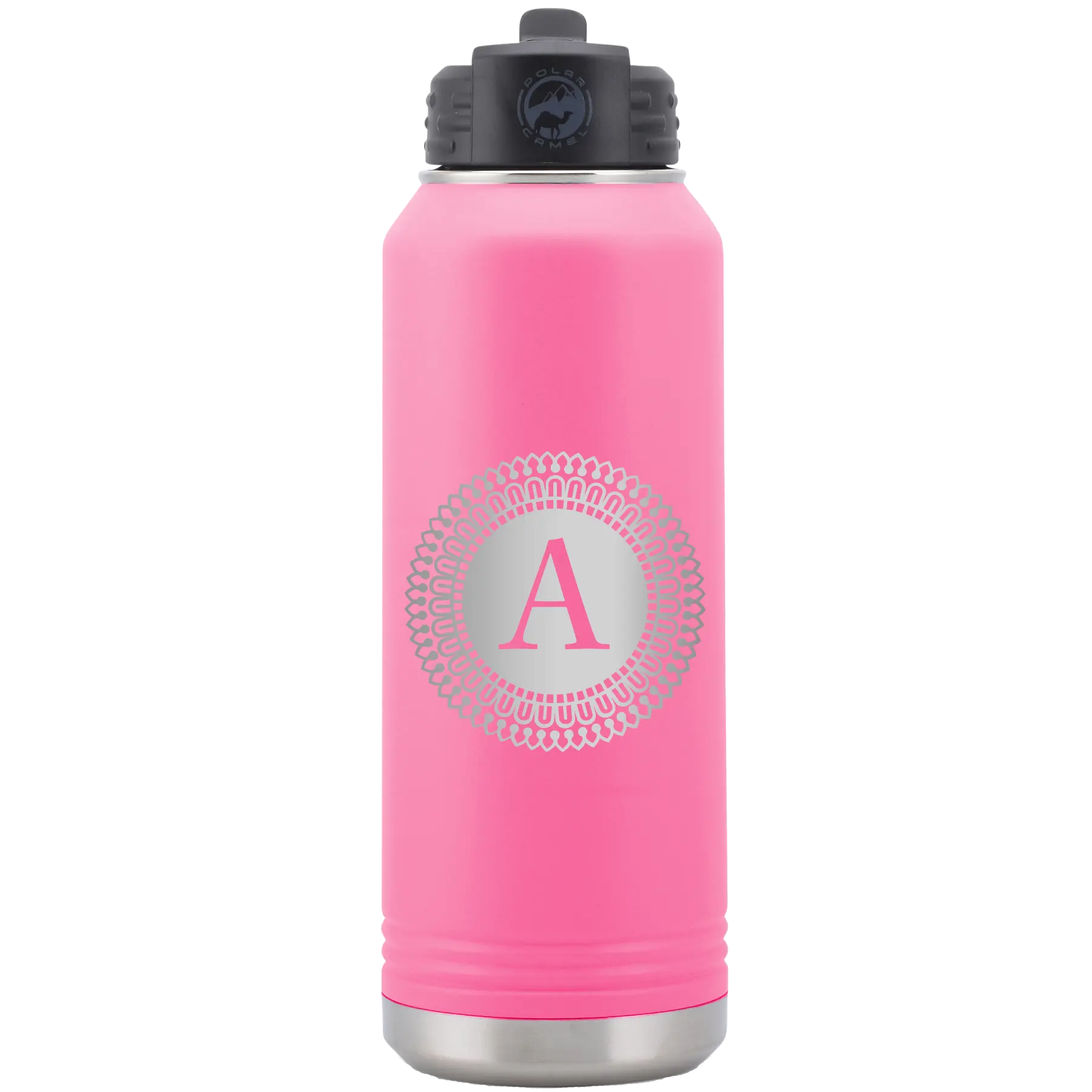Personalized pink 32 oz vacuum insulated water bottle with 'Circle with initial' design