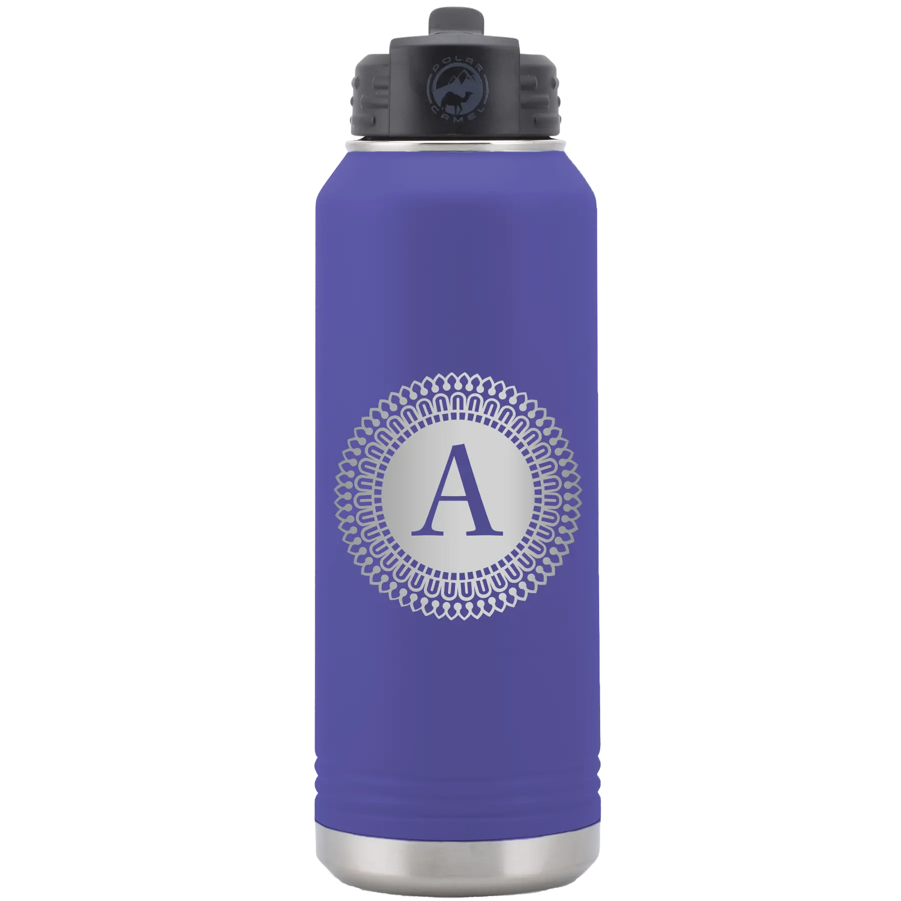 Personalized purple 32 oz vacuum insulated water bottle with 'Circle with initial' design