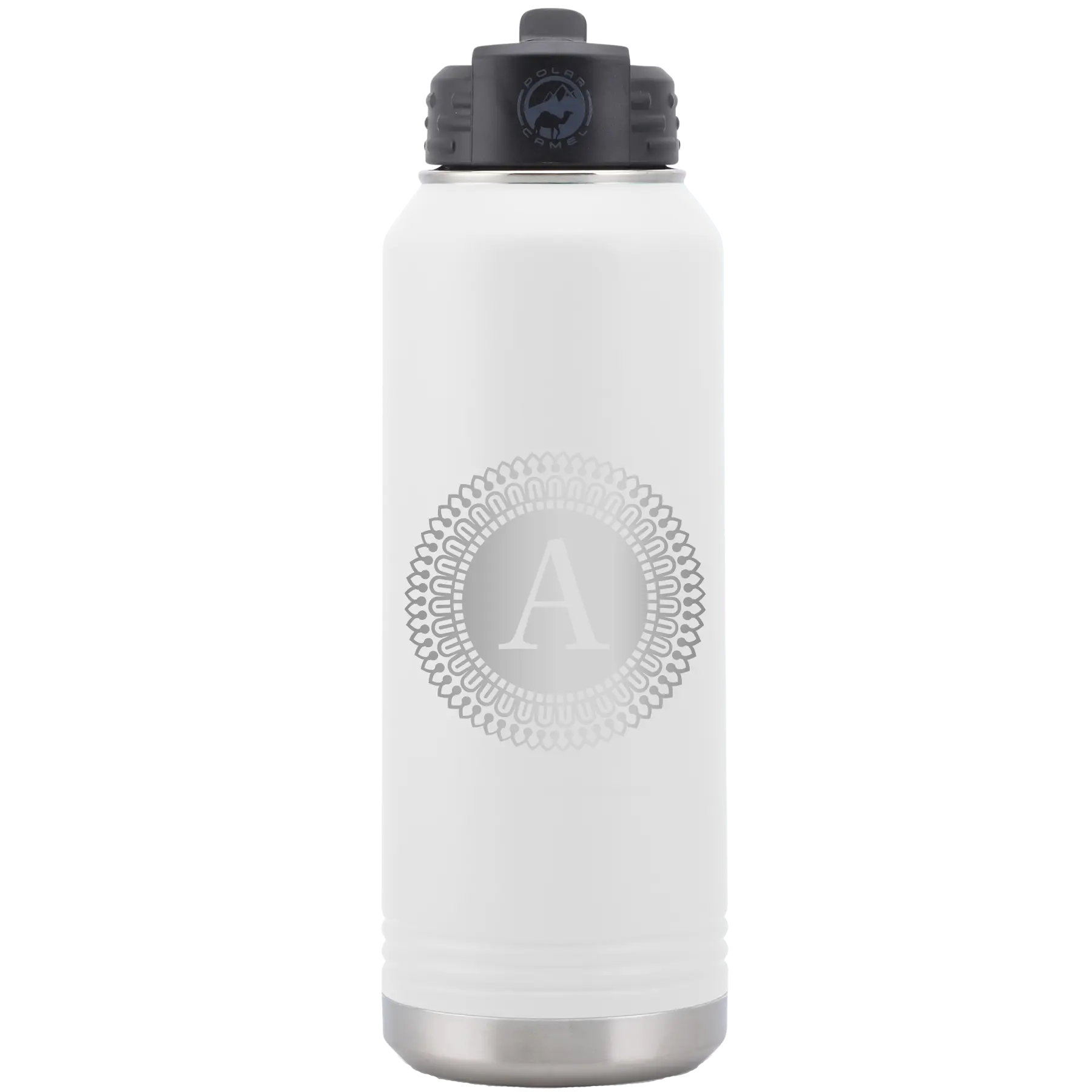 Personalized white 32 oz vacuum insulated water bottle with 'Circle with initial' design