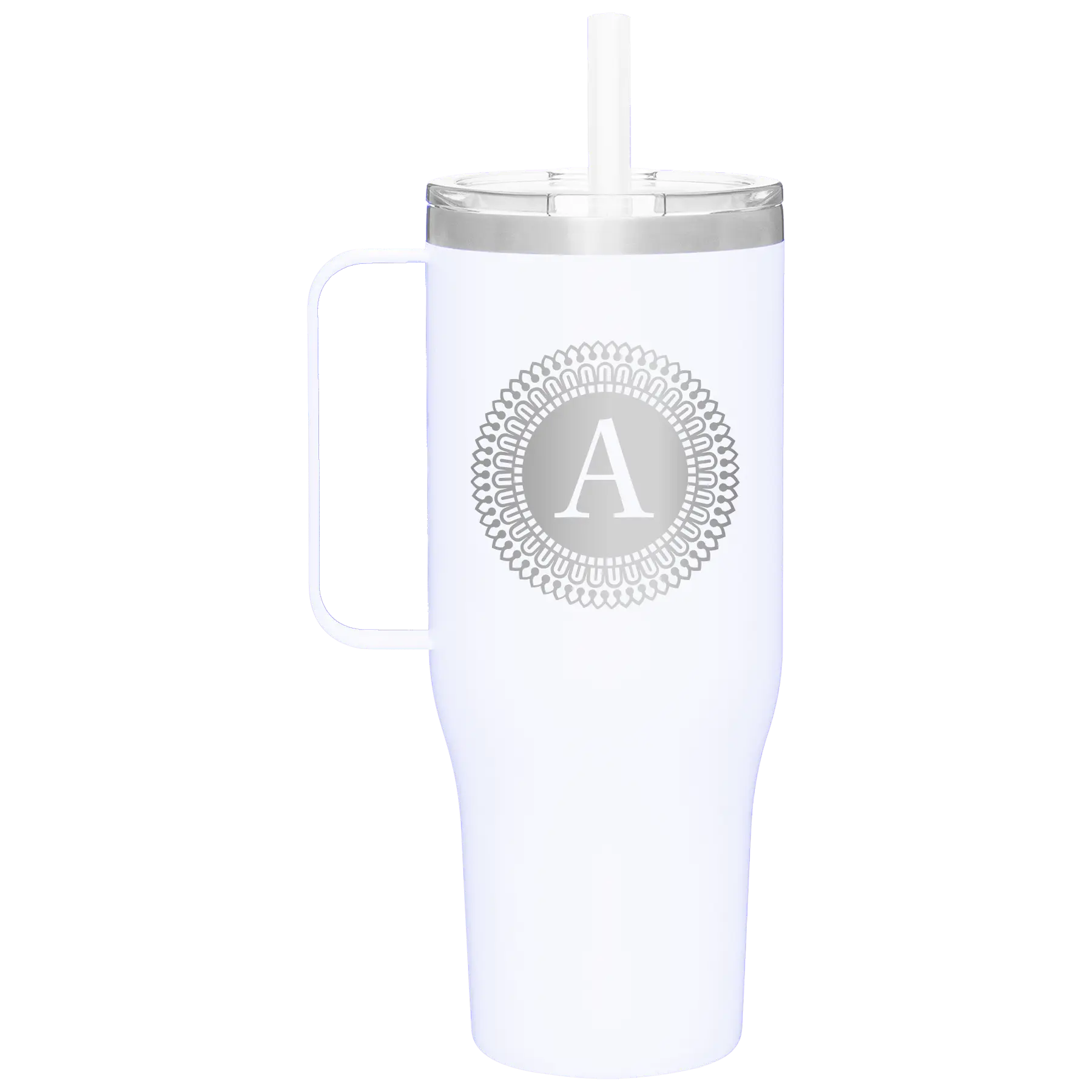 Personalized white 40 oz vacuum insulated tumbler mug with 'Circle with initial' design