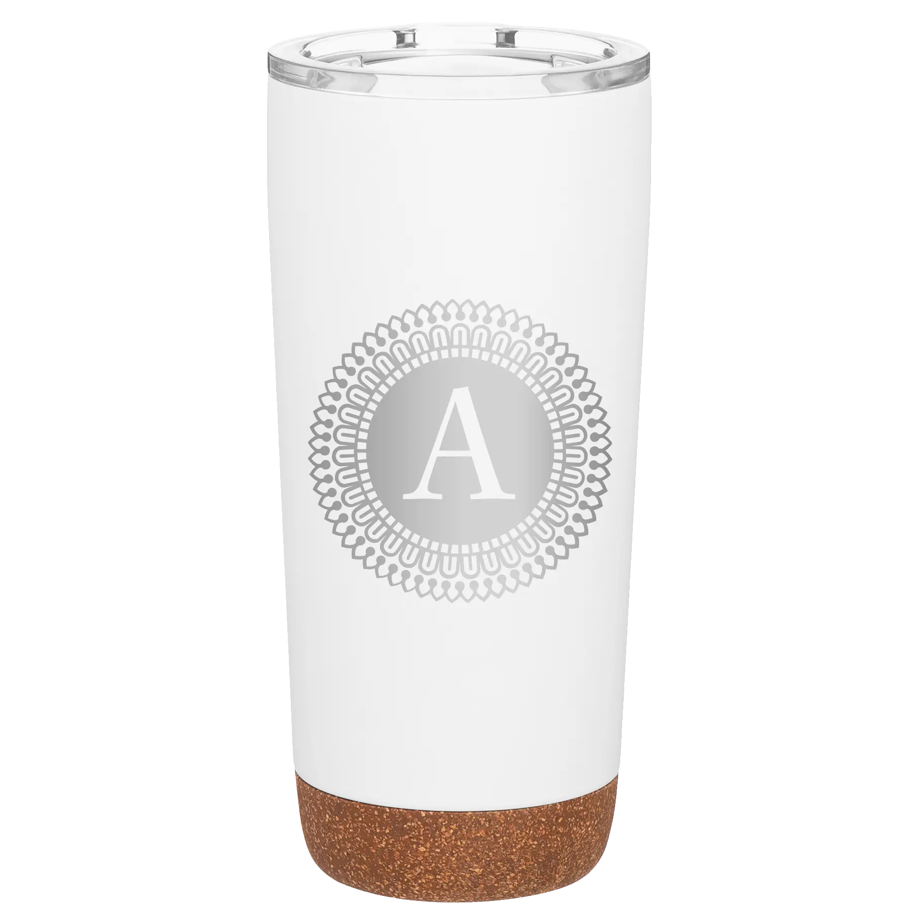 Personalized white 20 oz vacuum insulated tumbler with 'Circle with initial' design