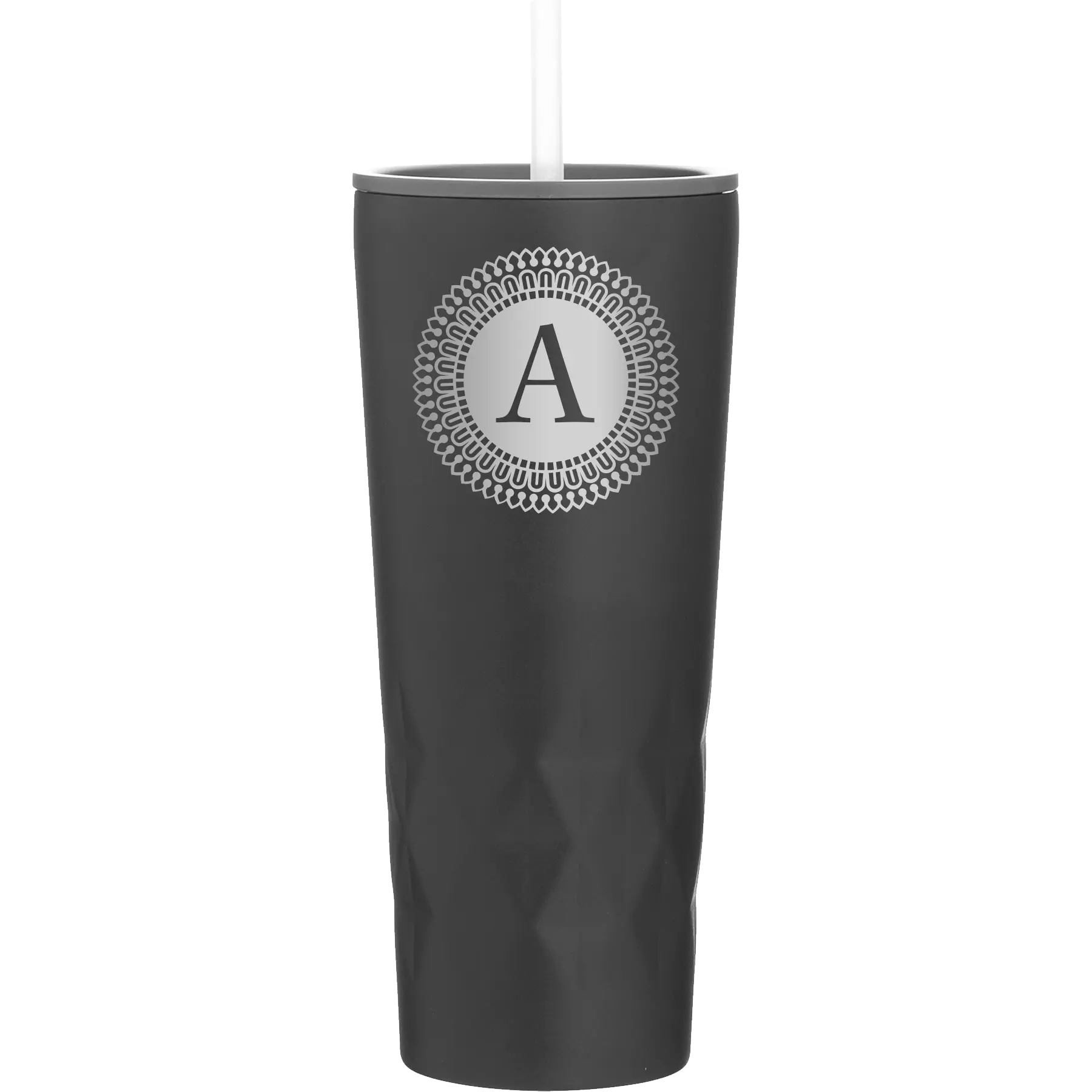 Personalized black 20 oz vacuum insulated tumbler with 'Circle with initial' design