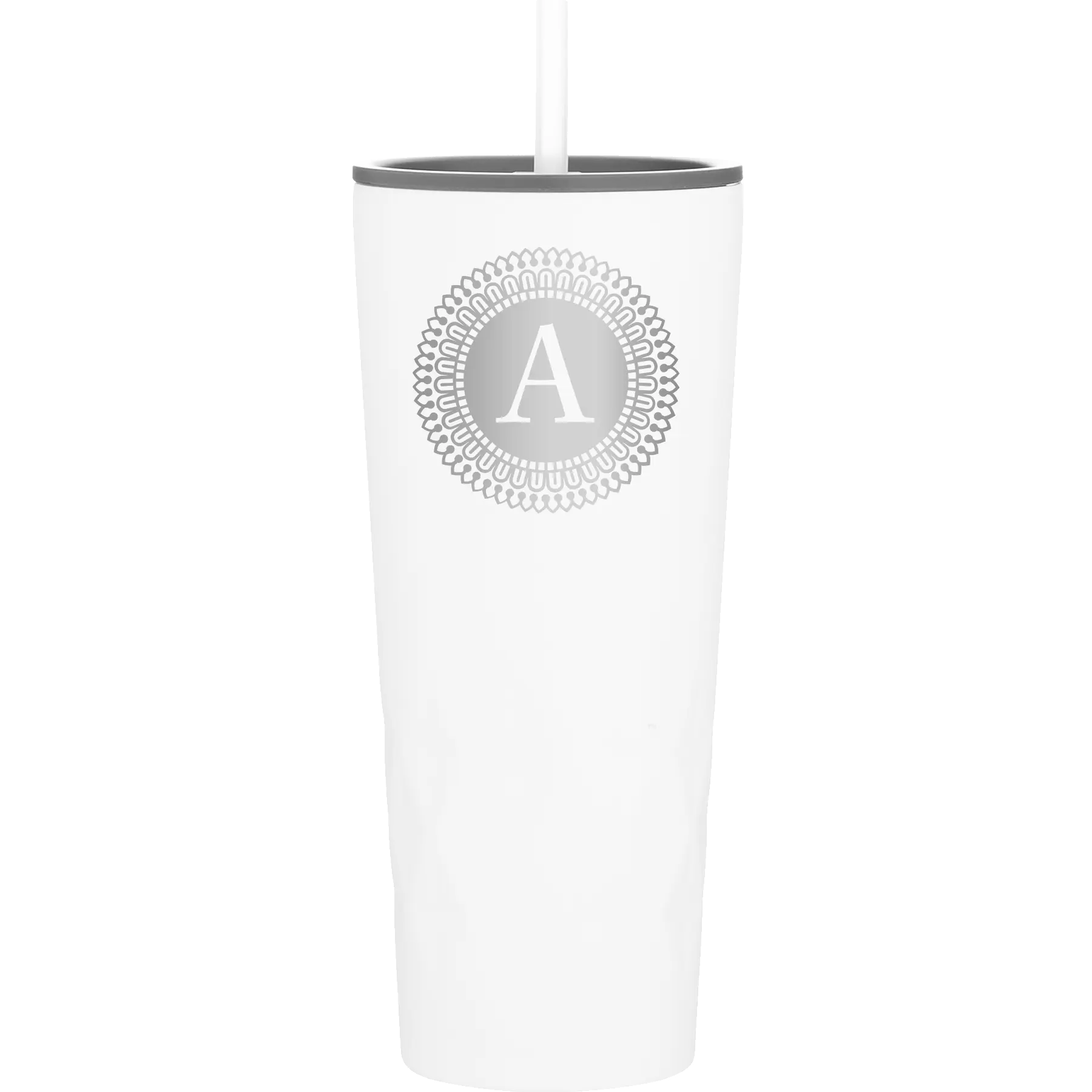 Personalized white 20 oz vacuum insulated tumbler with 'Circle with initial' design