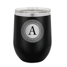 Personalized black 12 oz vacuum insulated wine cup with 'Circle with initial' design