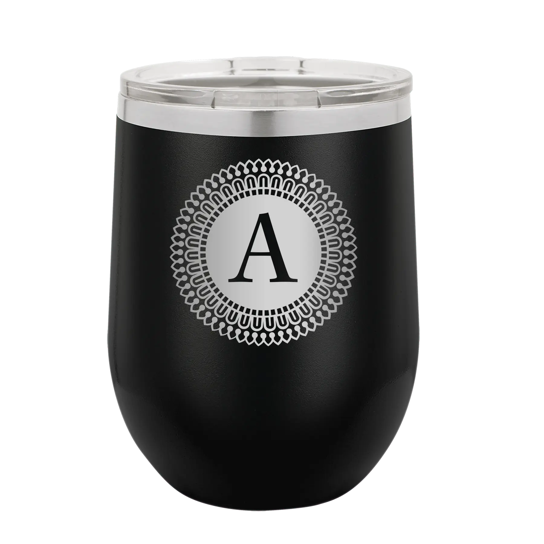 Personalized black 12 oz vacuum insulated wine cup with 'Circle with initial' design