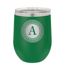 Personalized green 12 oz vacuum insulated wine cup with 'Circle with initial' design