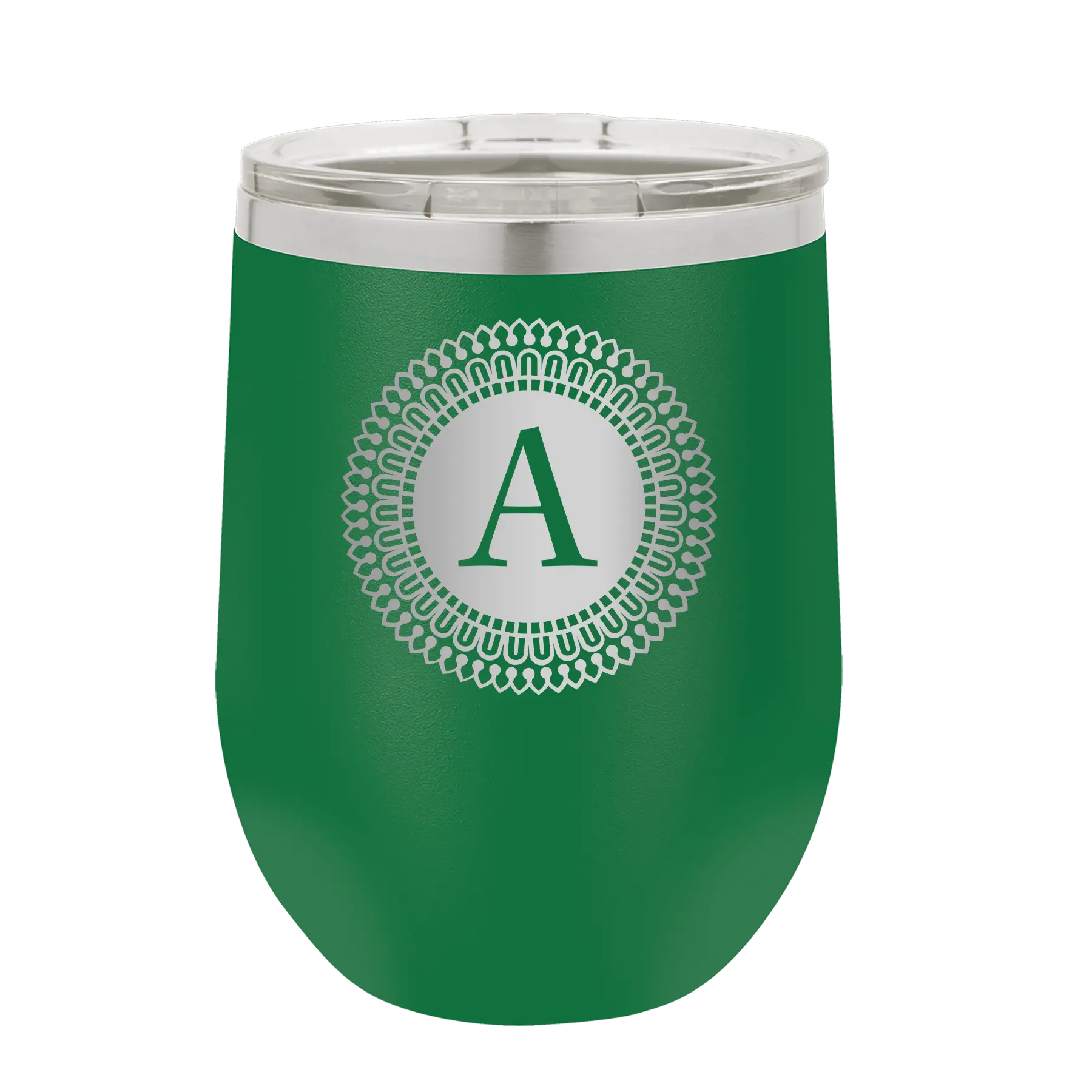 Personalized green 12 oz vacuum insulated wine cup with 'Circle with initial' design