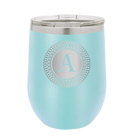 Personalized light blue 12 oz vacuum insulated wine cup with 'Circle with initial' design