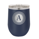 Personalized navy 12 oz vacuum insulated wine cup with 'Circle with initial' design