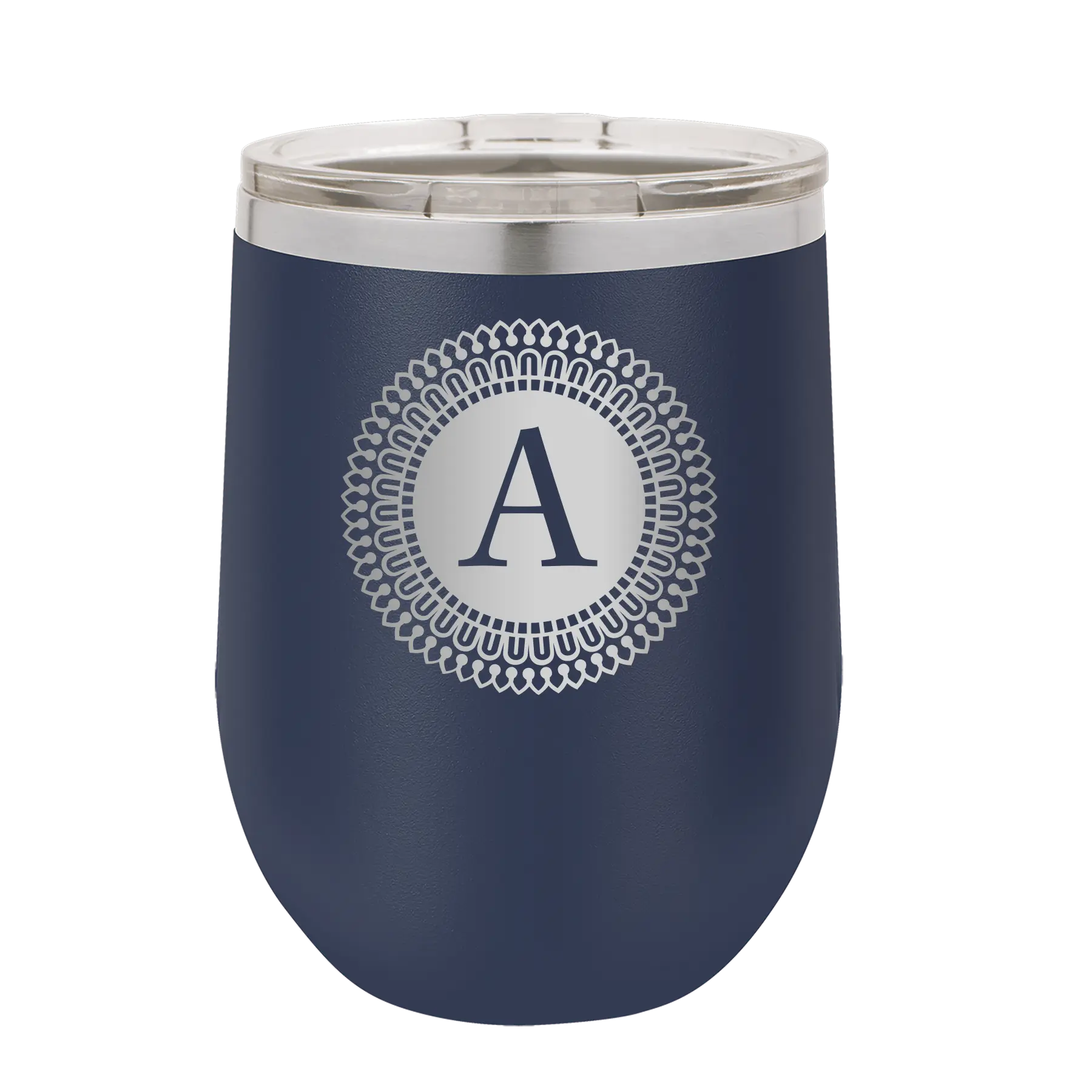Personalized navy 12 oz vacuum insulated wine cup with 'Circle with initial' design