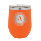 Personalized orange 12 oz vacuum insulated wine cup with 'Circle with initial' design