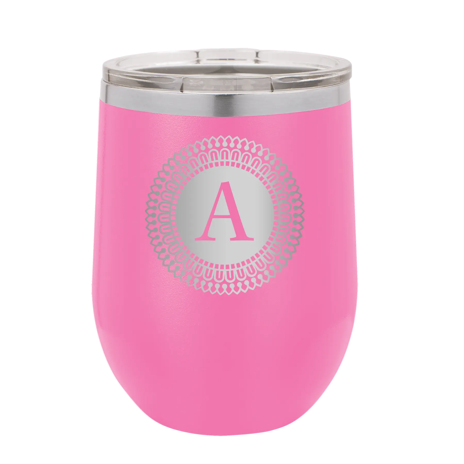 Personalized pink 12 oz vacuum insulated wine cup with 'Circle with initial' design