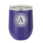 Personalized purple 12 oz vacuum insulated wine cup with 'Circle with initial' design
