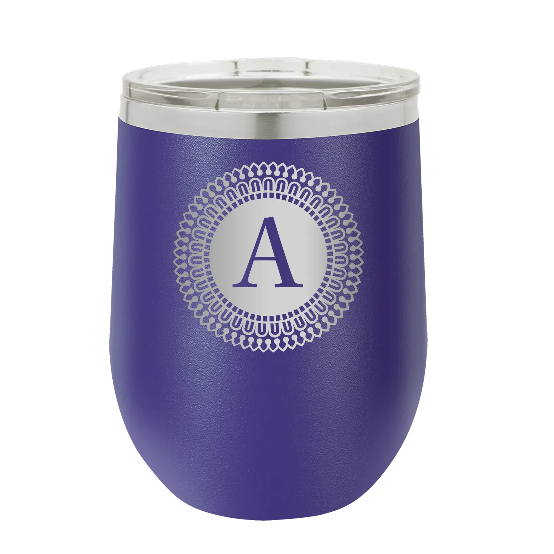 Personalized purple 12 oz vacuum insulated wine cup with 'Circle with initial' design