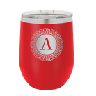 Personalized red 12 oz vacuum insulated wine cup with 'Circle with initial' design