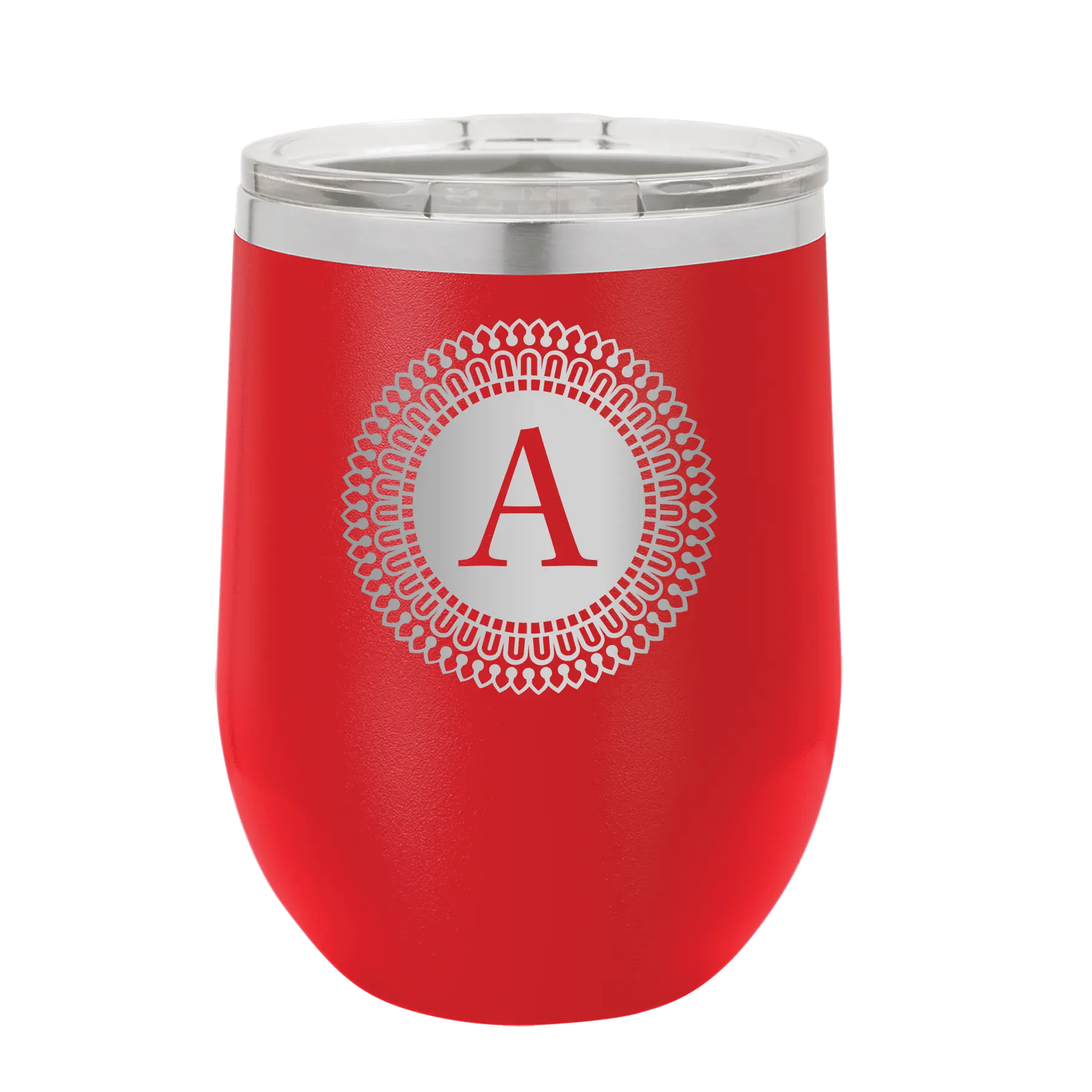 Personalized red 12 oz vacuum insulated wine cup with 'Circle with initial' design