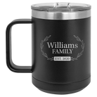 Personalized black 15 oz vacuum insulated coffee mug with 'Family est' design