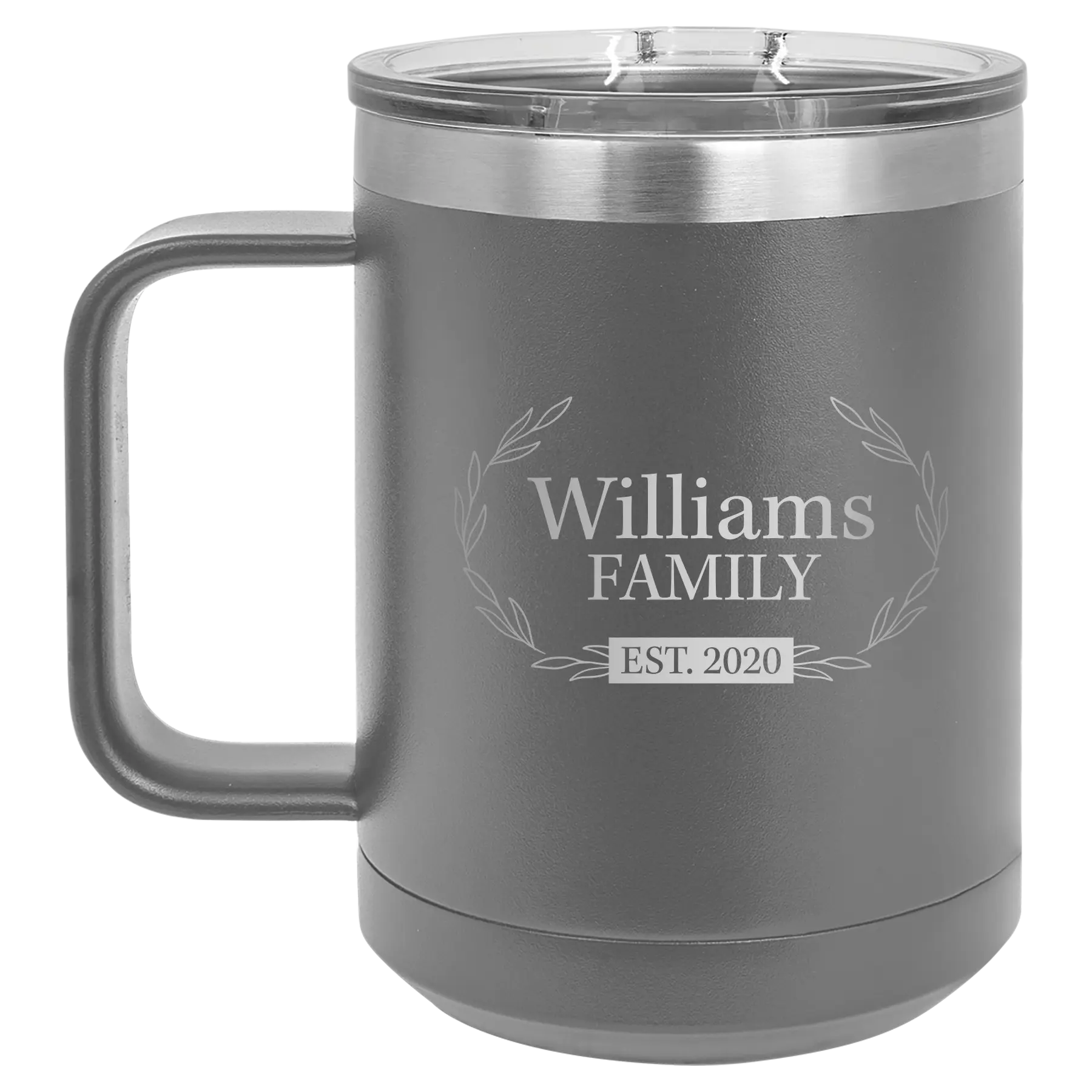 Personalized dark gray 15 oz vacuum insulated coffee mug with 'Family est' design