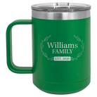 Personalized green 15 oz vacuum insulated coffee mug with 'Family est' design