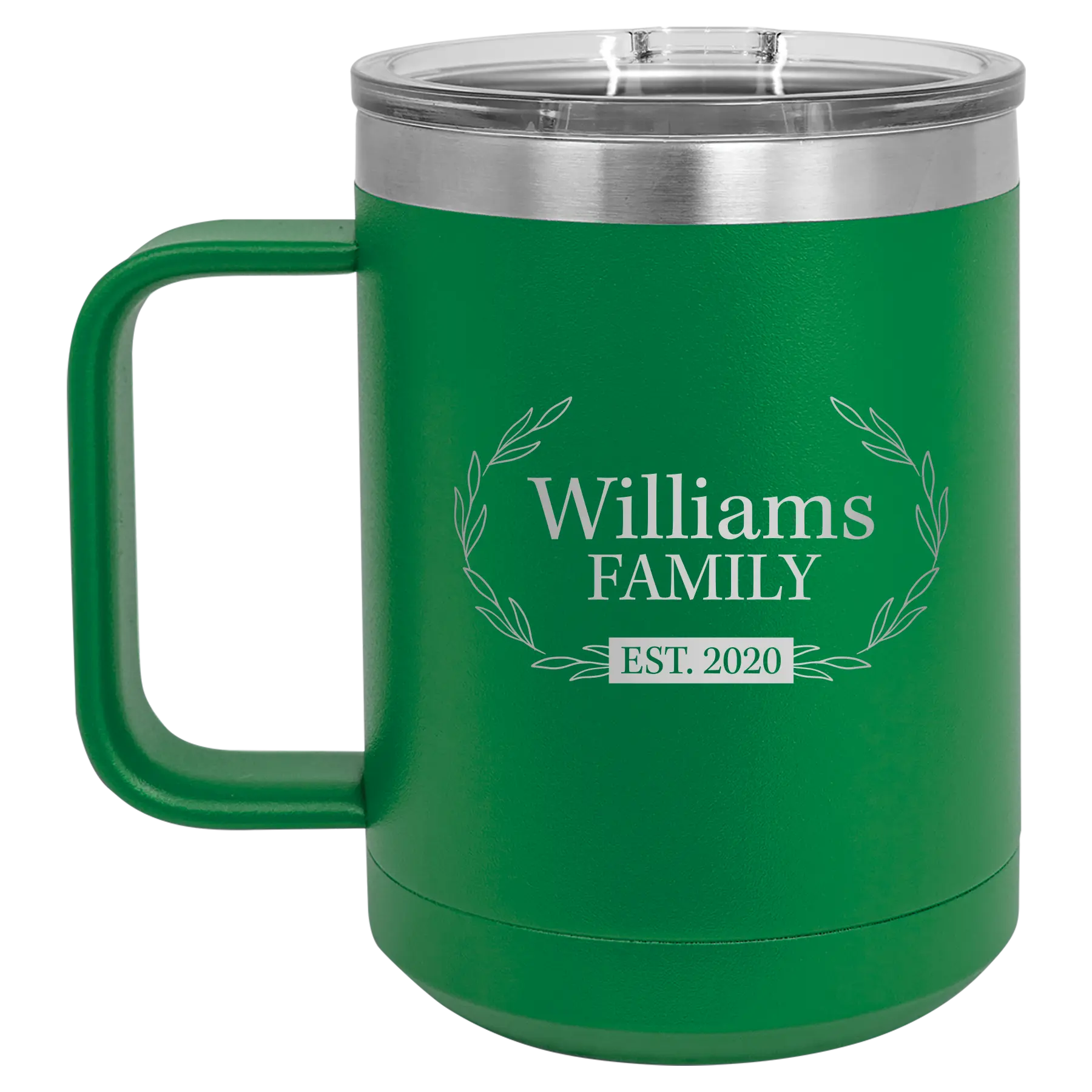 Personalized green 15 oz vacuum insulated coffee mug with 'Family est' design
