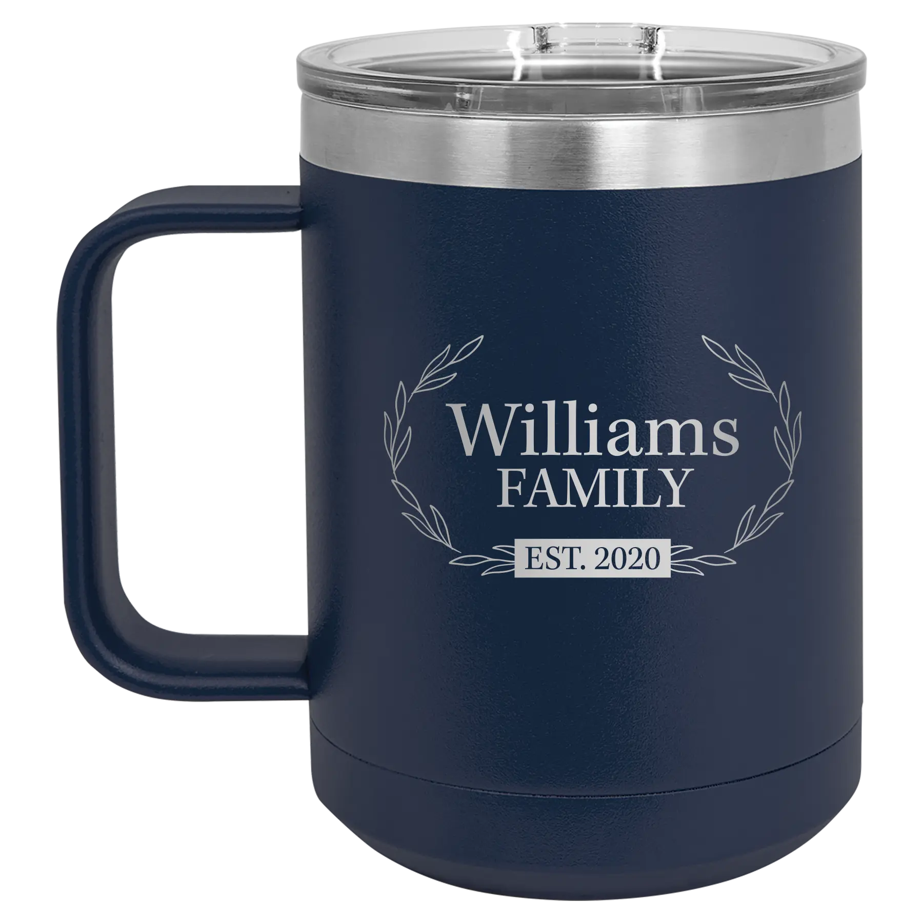 Personalized navy 15 oz vacuum insulated coffee mug with 'Family est' design