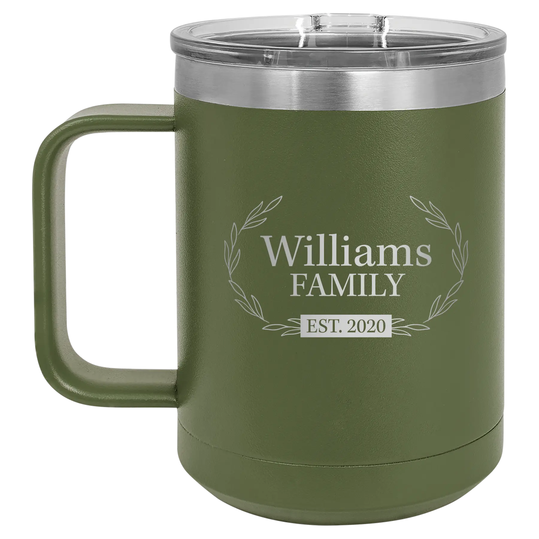 Personalized olive green 15 oz vacuum insulated coffee mug with 'Family est' design