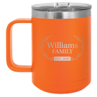 Personalized orange 15 oz vacuum insulated coffee mug with 'Family est' design