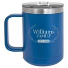 Personalized royal blue 15 oz vacuum insulated coffee mug with 'Family est' design