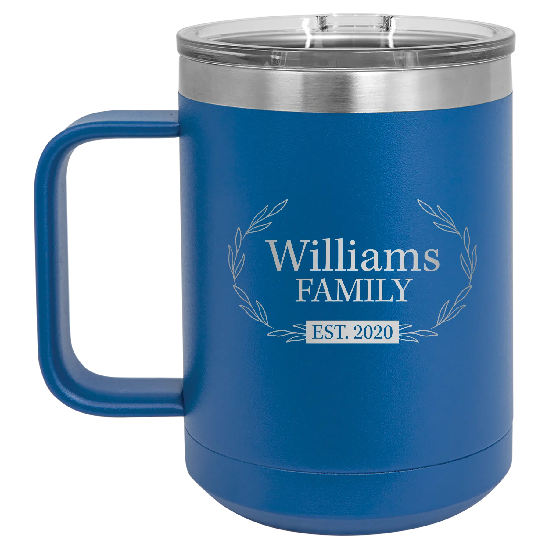 Personalized royal blue 15 oz vacuum insulated coffee mug with 'Family est' design