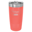 Personalized coral 20 oz vacuum insulated tumbler with 'Family est' design