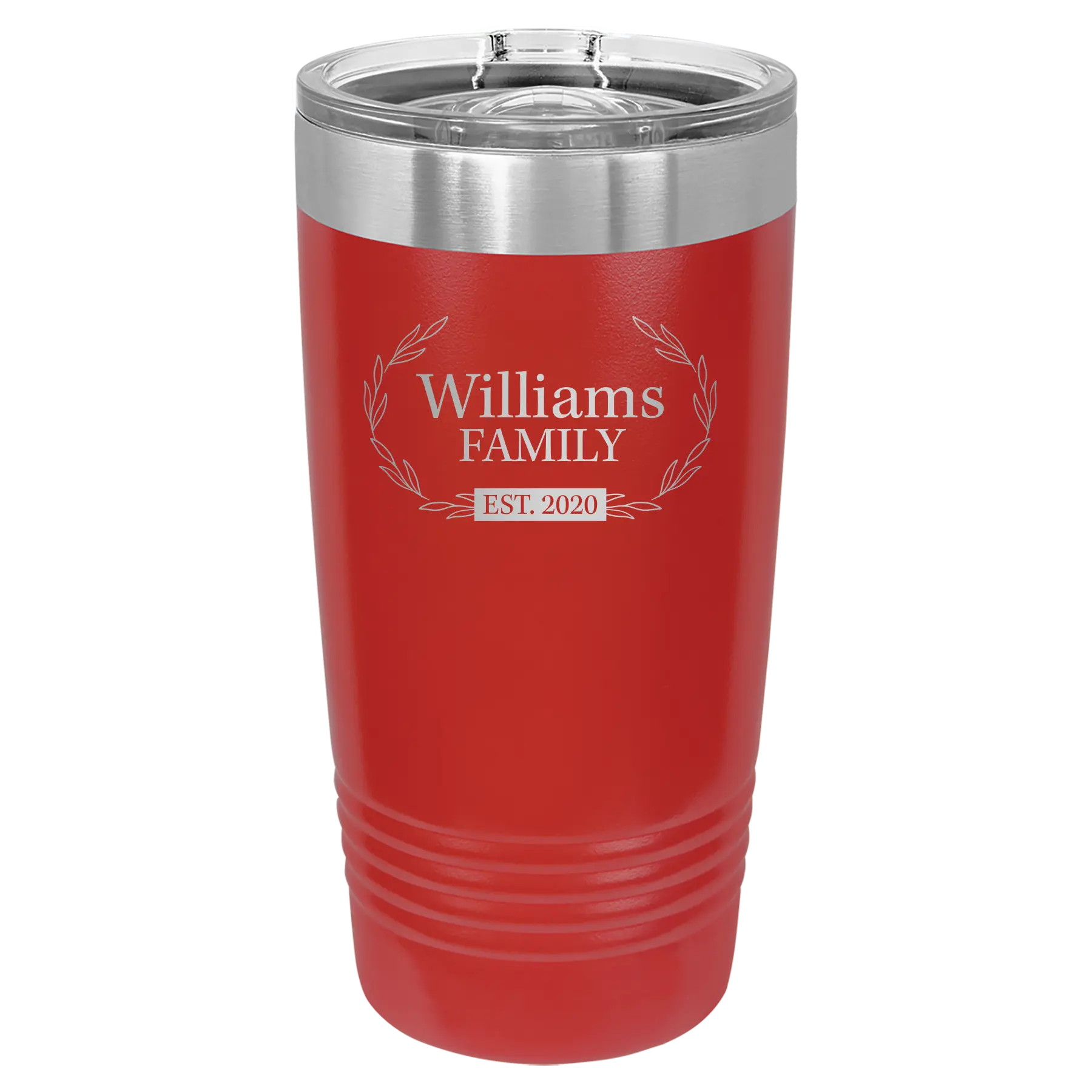 Personalized red 20 oz vacuum insulated tumbler with 'Family est' design