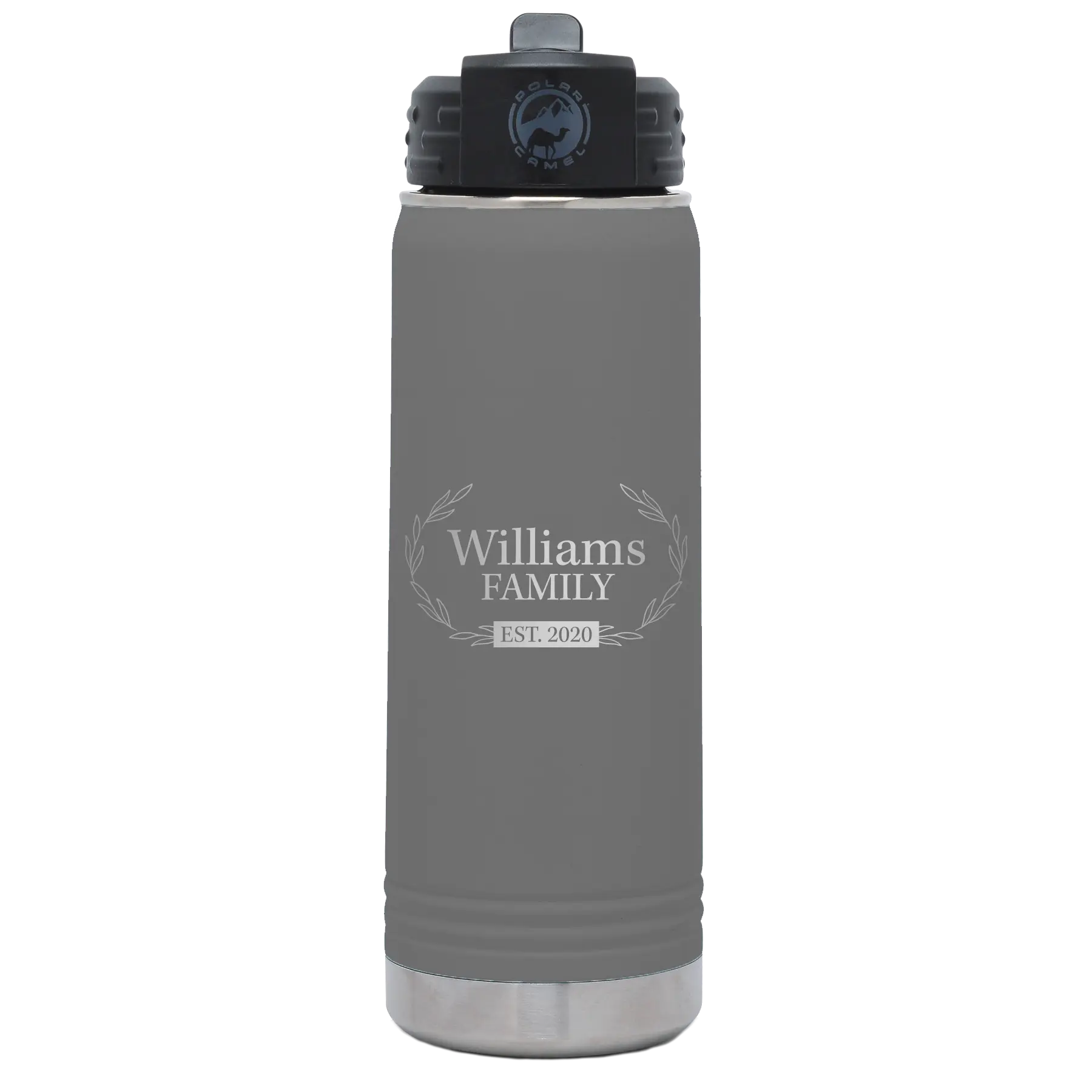 Personalized dark gray 20 oz vacuum insulated water bottle with 'Family est' design