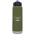 Personalized olive green 20 oz vacuum insulated water bottle with 'Family est' design