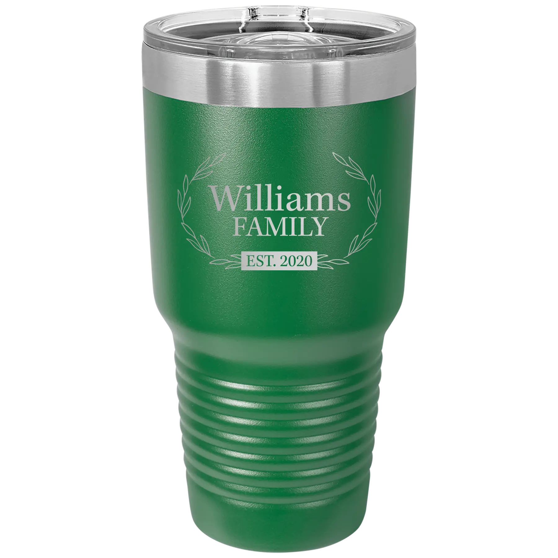 Personalized green 30 oz vacuum insulated tumbler with 'Family est' design