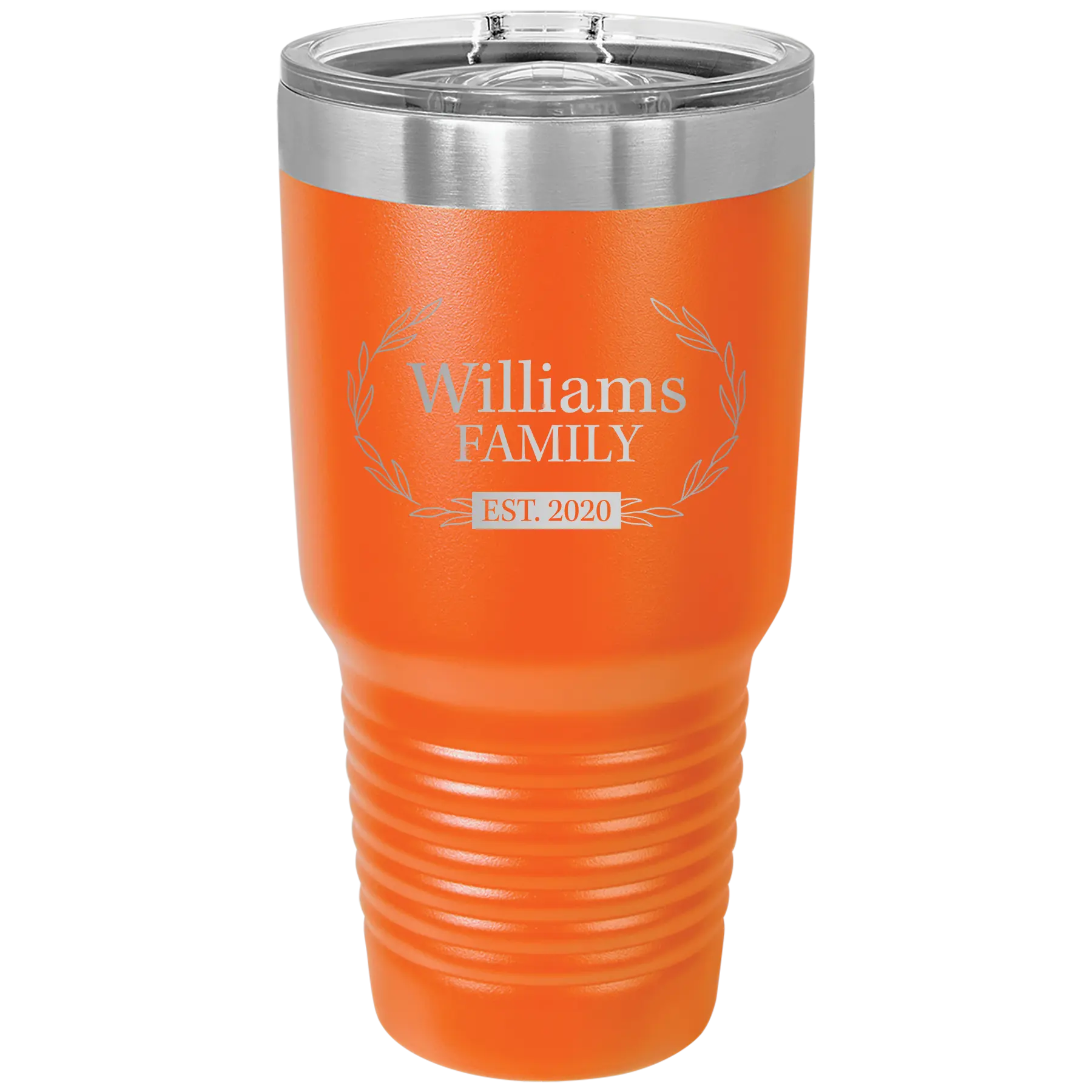 Personalized orange 30 oz vacuum insulated tumbler with 'Family est' design