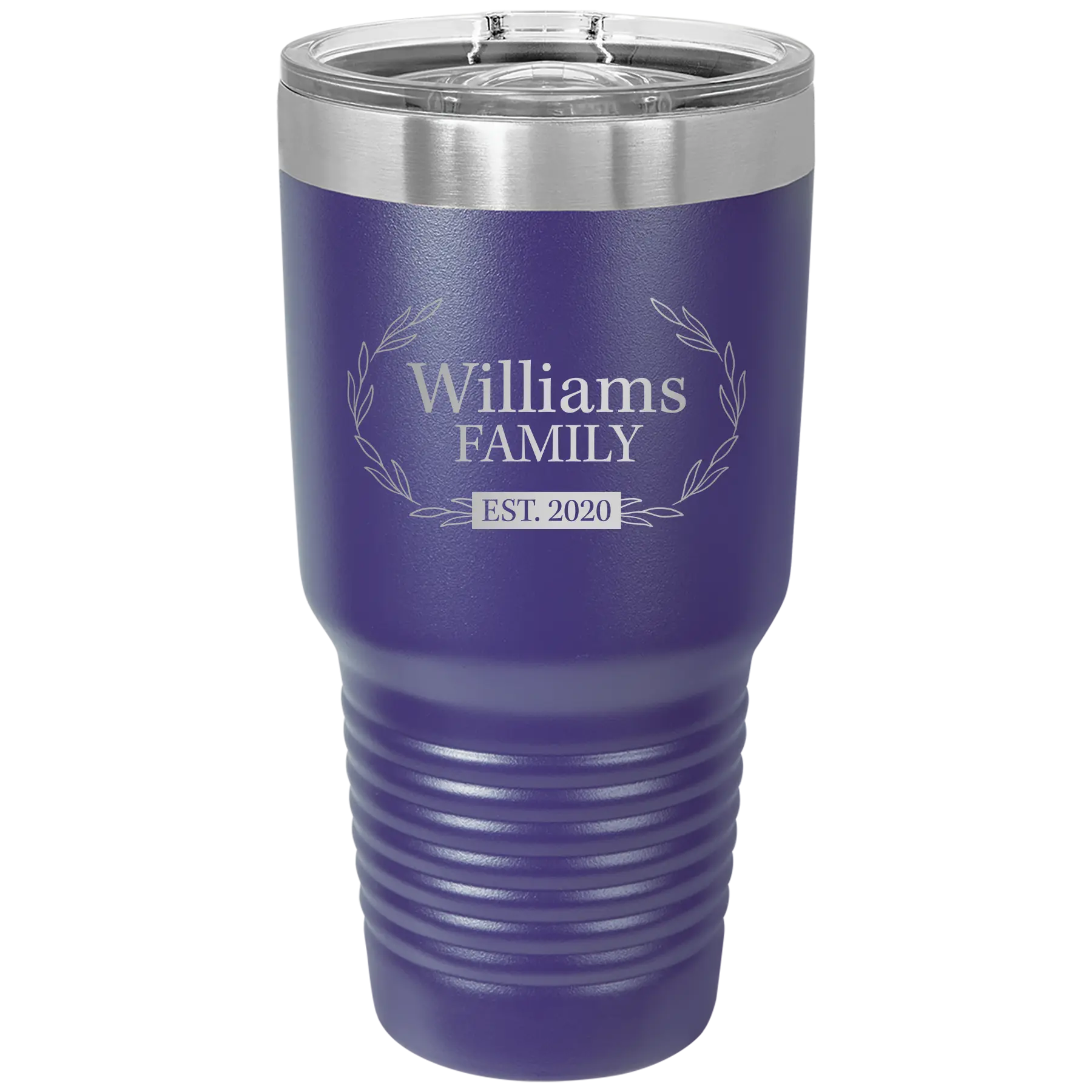 Personalized purple 30 oz vacuum insulated tumbler with 'Family est' design