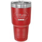 Personalized red 30 oz vacuum insulated tumbler with 'Family est' design