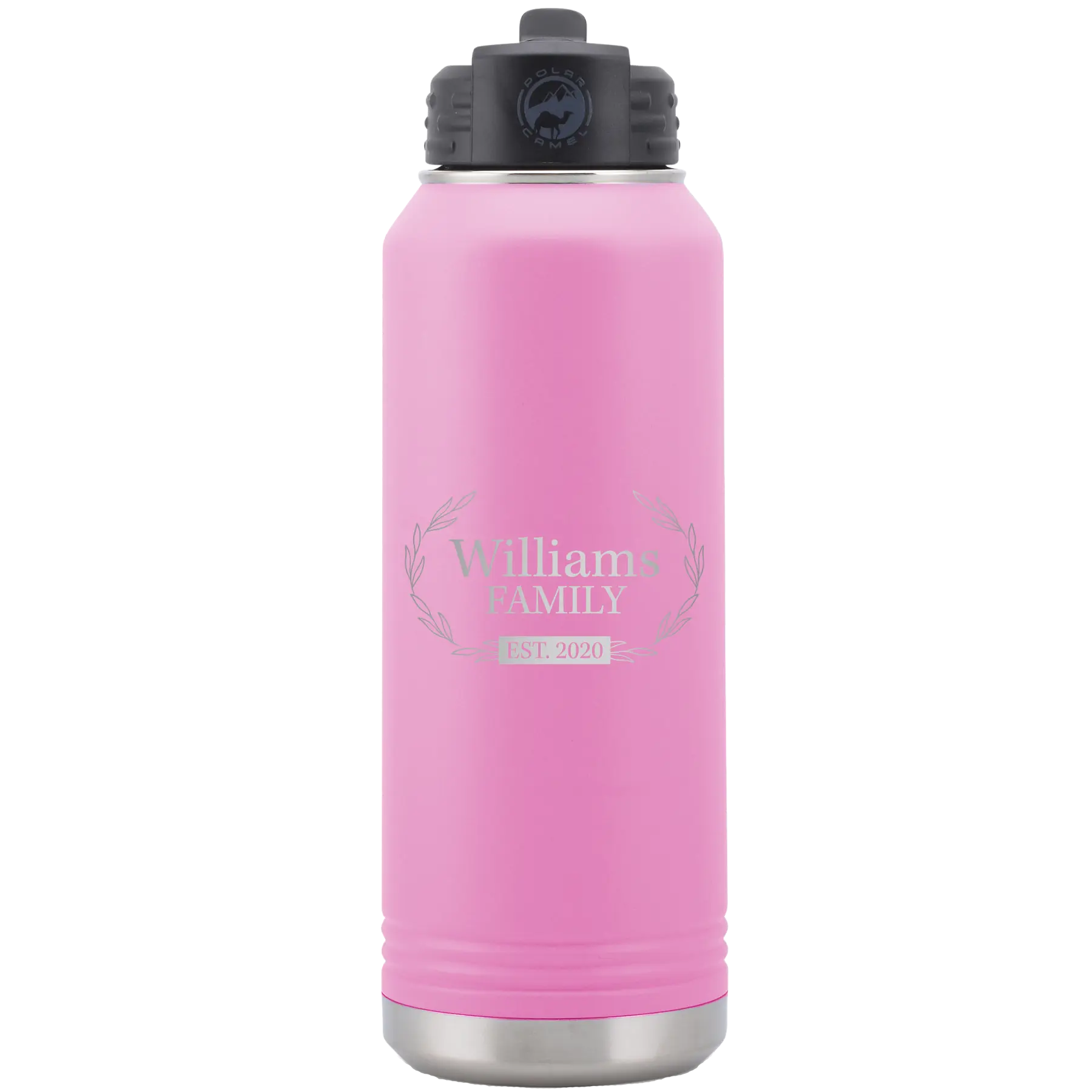 Personalized light purple 32 oz vacuum insulated water bottle with 'Family est' design