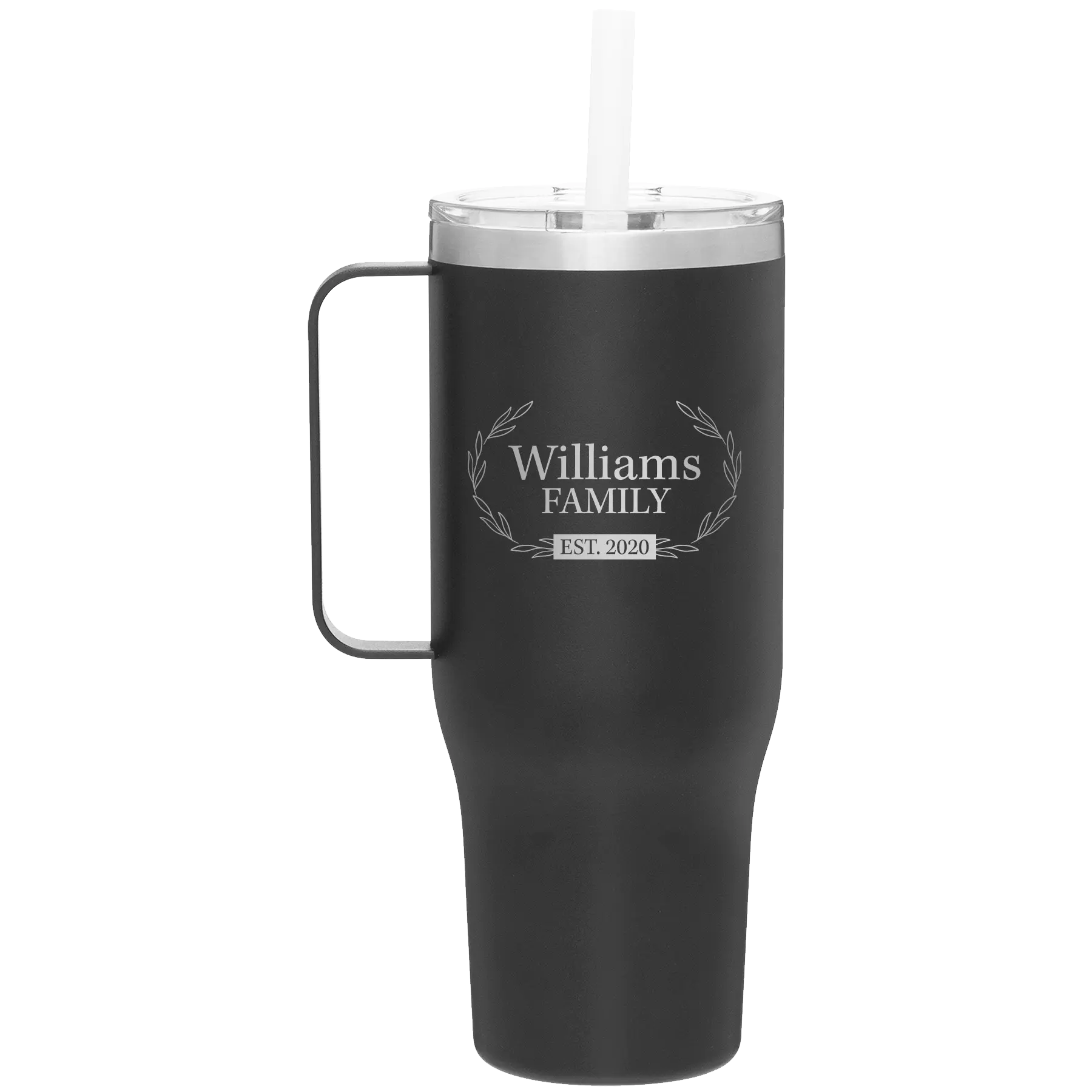 Personalized black 40 oz vacuum insulated tumbler mug with 'Family est' design