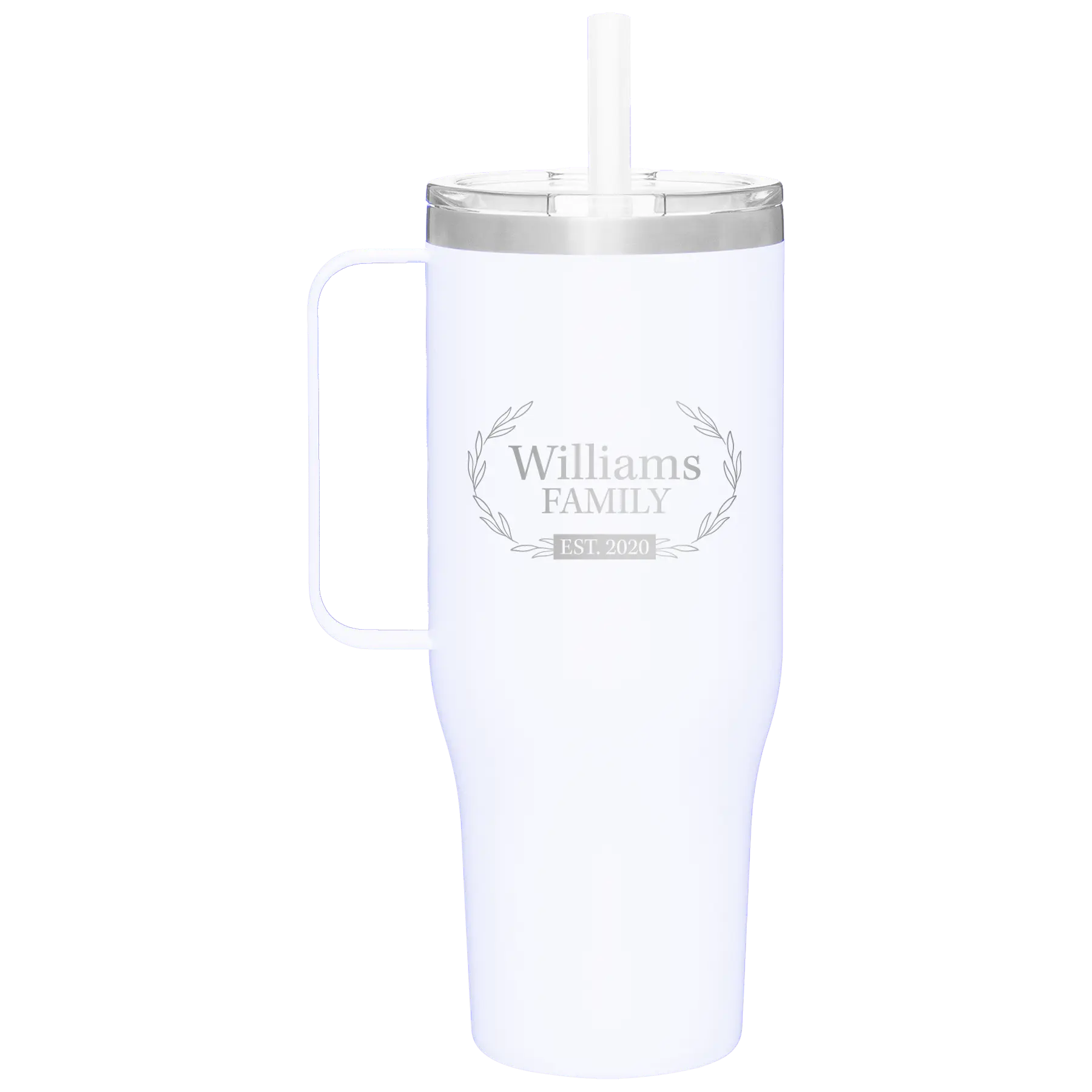 Personalized white 40 oz vacuum insulated tumbler mug with 'Family est' design
