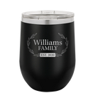 Personalized black 12 oz vacuum insulated wine cup with 'Family est' design